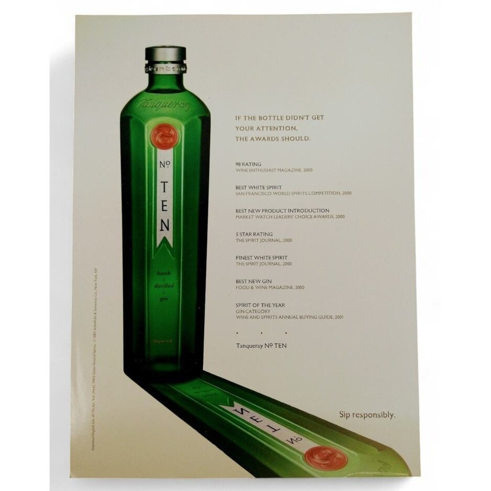 2001 Tanqueray No TEN Print Ad Page Y2K Green Bottle Mirror Shadow Awards